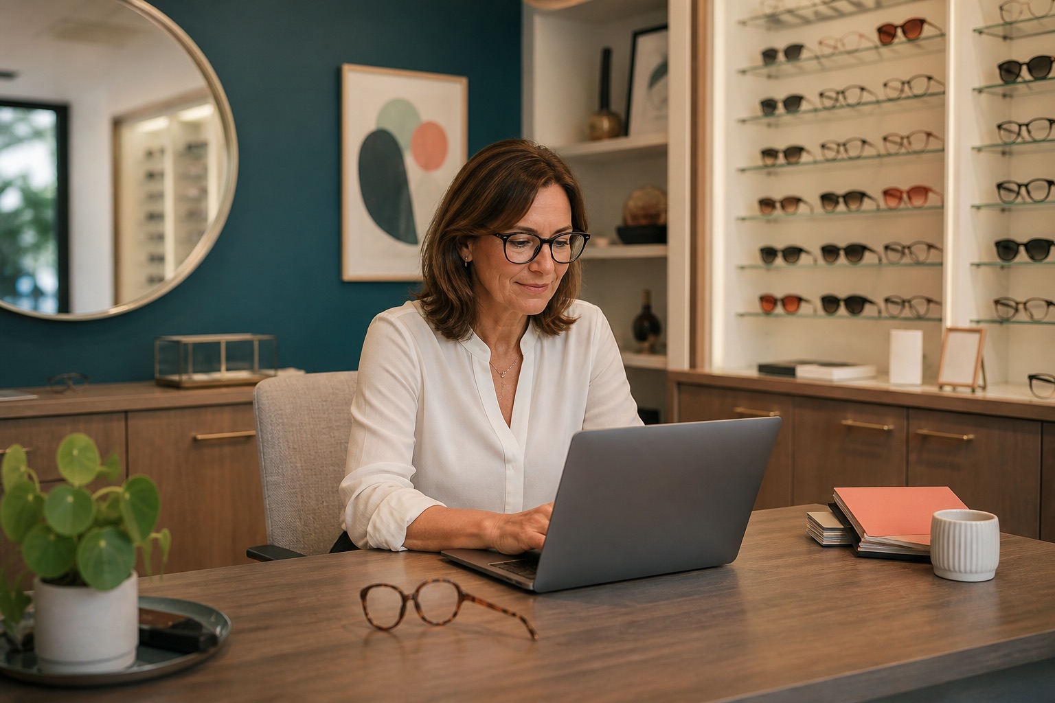 An optical practice owner working at her laptop